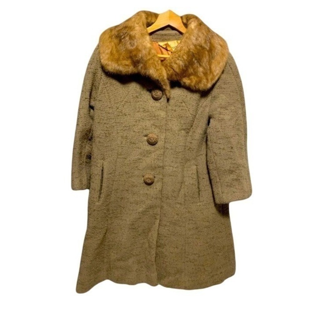 VTG Mirrow's Furs Wool Boucle Coat Real Fur Collar Brown ILGWU Union Made 50s